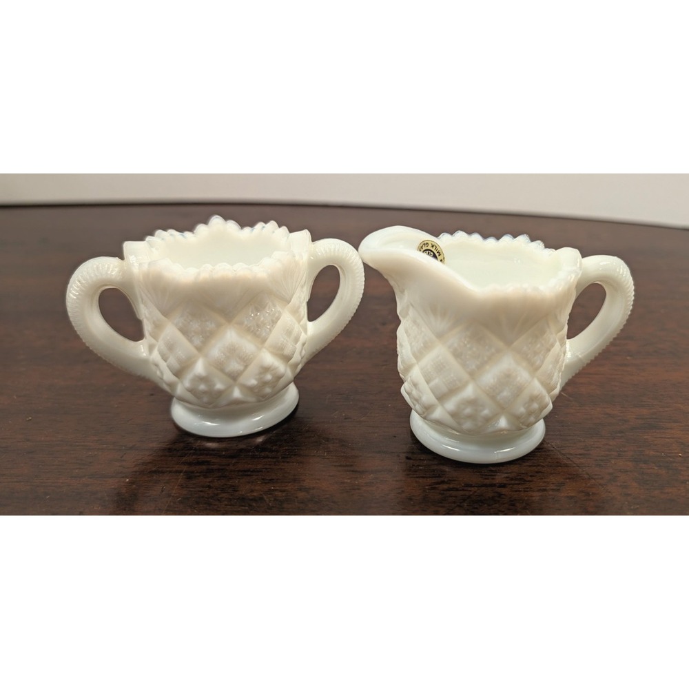 Vintage Westmoreland Milk Glass Creamer Sugar Bowl Set Diamond Quilt Miniature